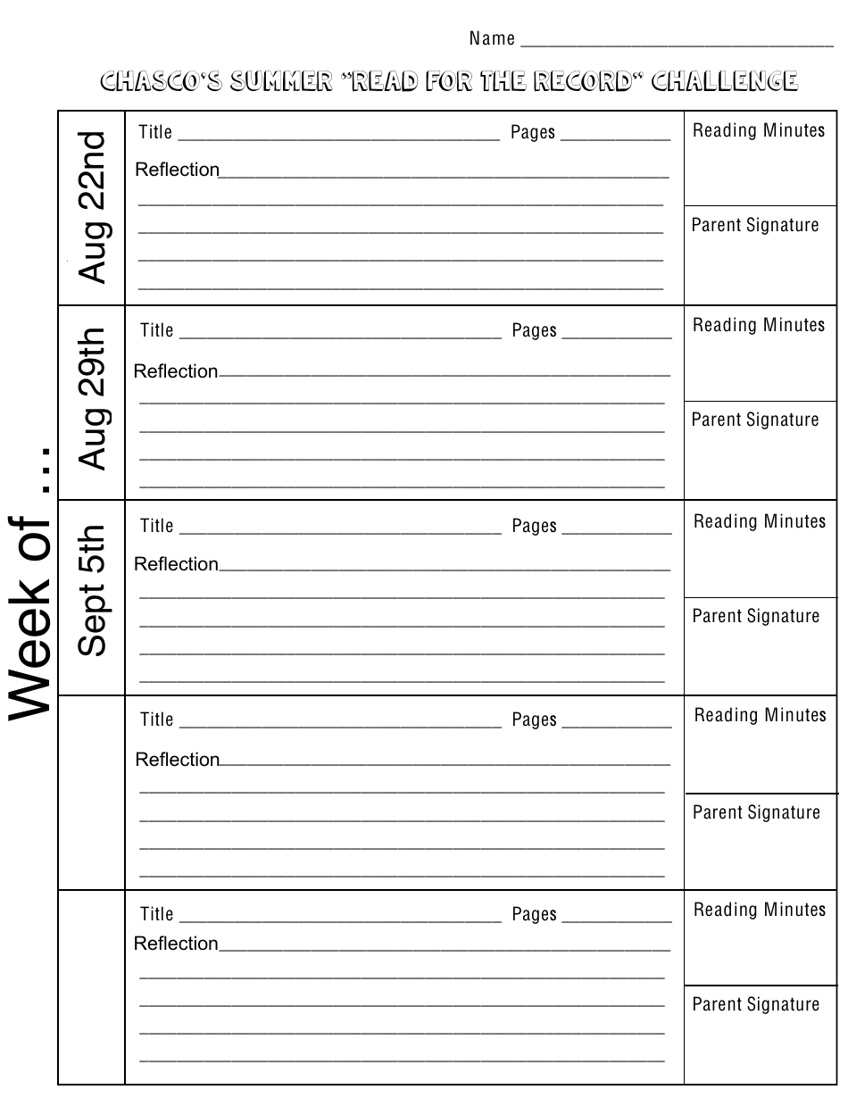 Reading Log Template - Chascos Summer read for the Record Challenge, Page 4