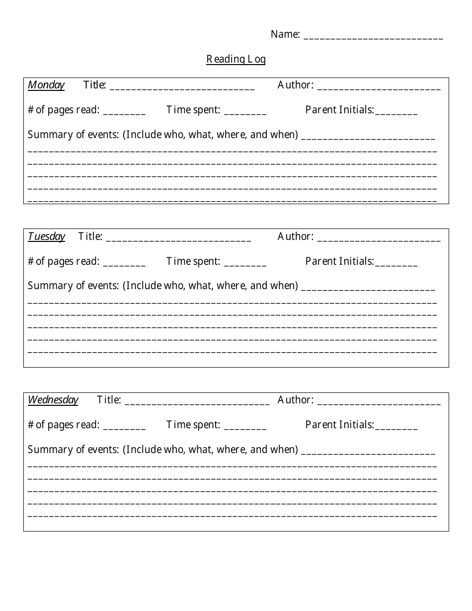 Weekly Reading Log Template With Summary Download Printable PDF