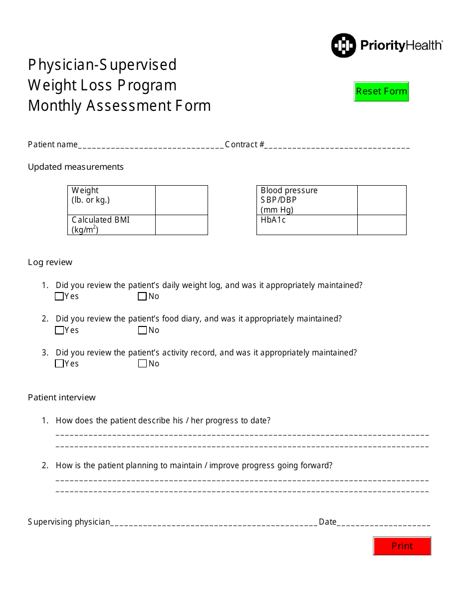Physician-Supervised Weight Loss Program Monthly Assessment Form - Priorityhealth, Page 1