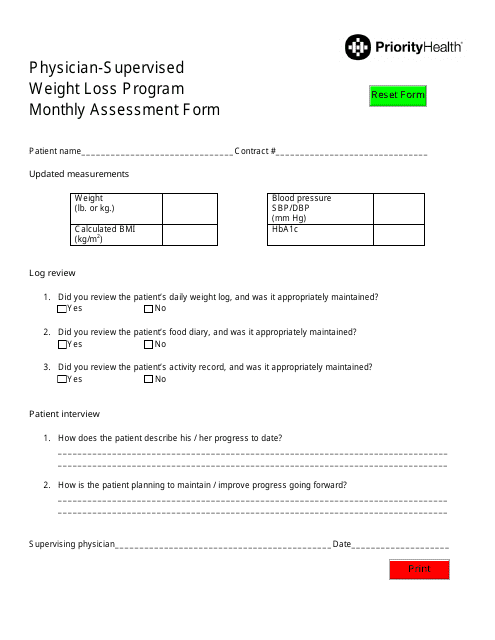 Physician-Supervised Weight Loss Program Monthly Assessment Form - Priorityhealth