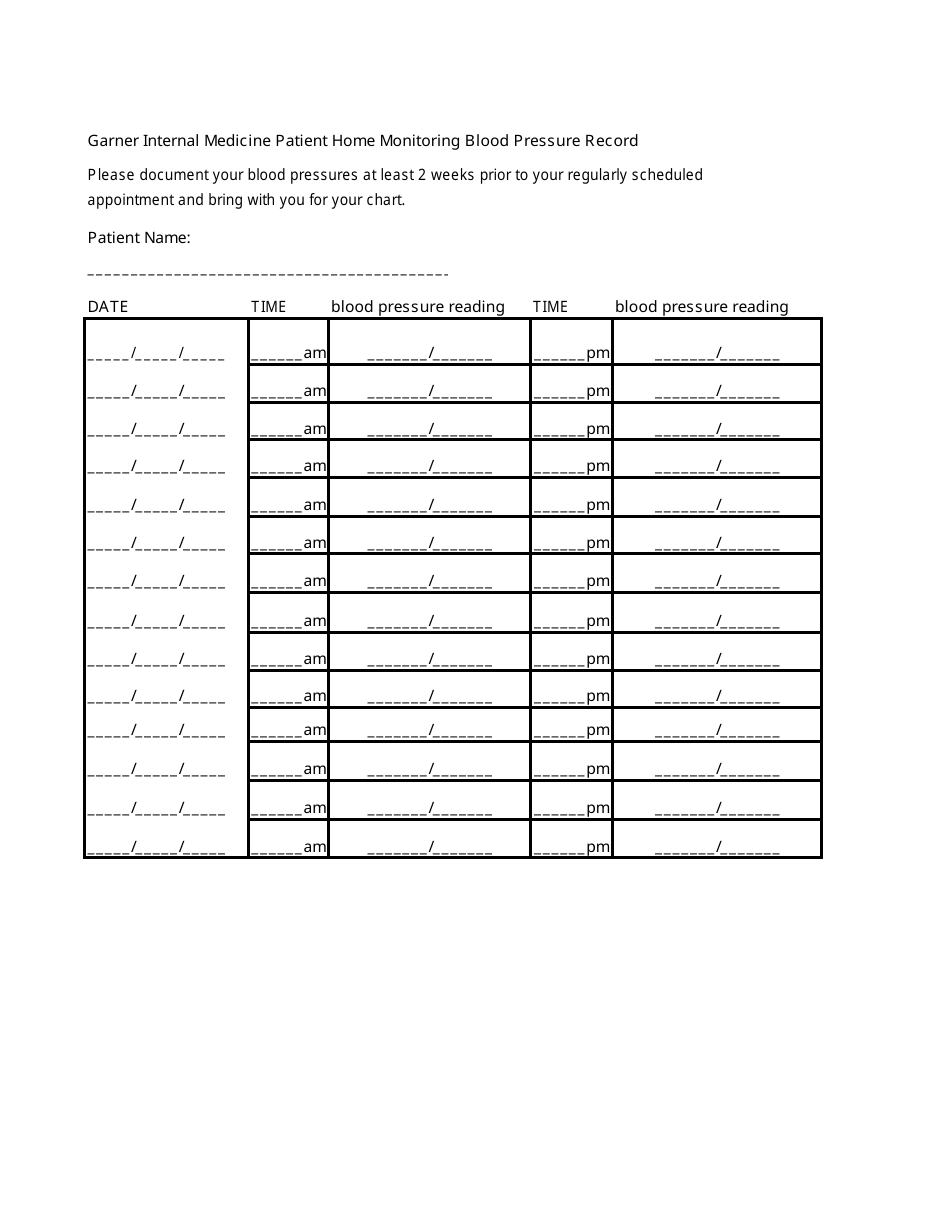 Patient Home Monitoring Blood Pressure Record Template Download