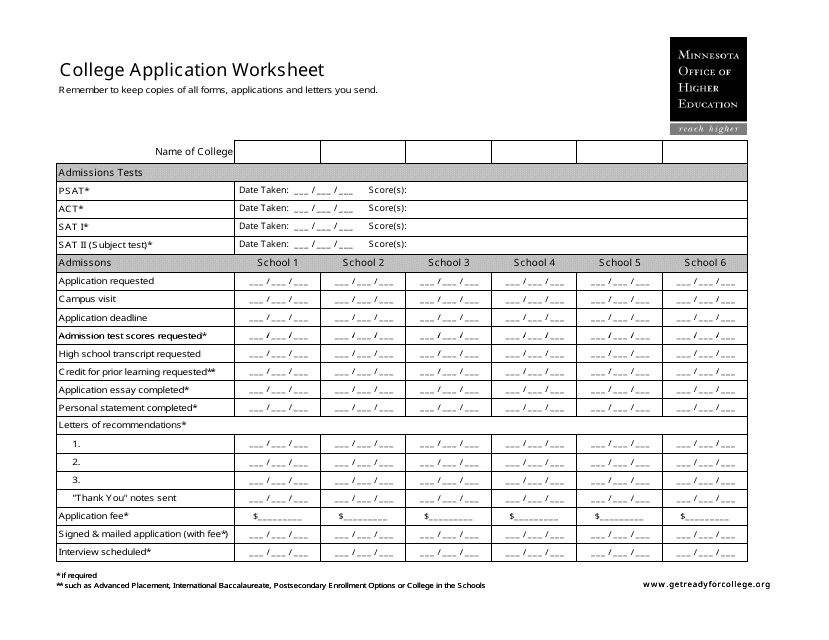 College Application Worksheet Template Preview