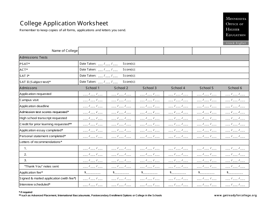 College Application Worksheet Template Preview
