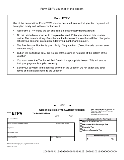Form DE-105 (ETPV) Wisconsin Excise Tax Payment Voucher - Wisconsin