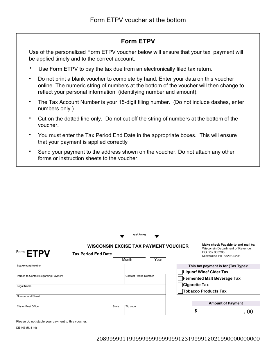 Form DE-105 (ETPV) Wisconsin Excise Tax Payment Voucher - Wisconsin, Page 1
