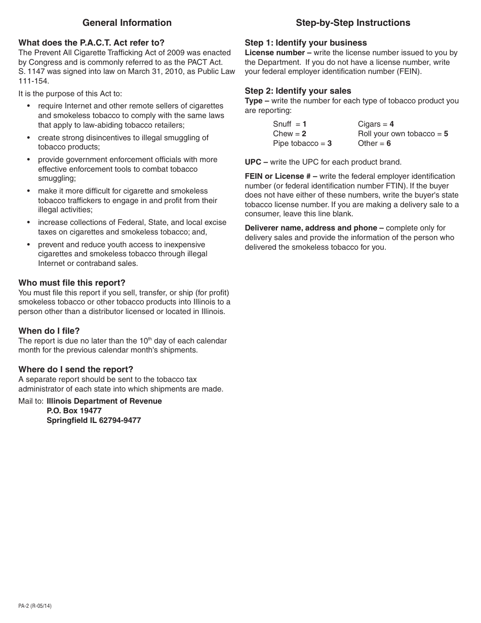 Form PA-2 State Tobacco P.a.c.t. Act Report - Illinois, Page 2