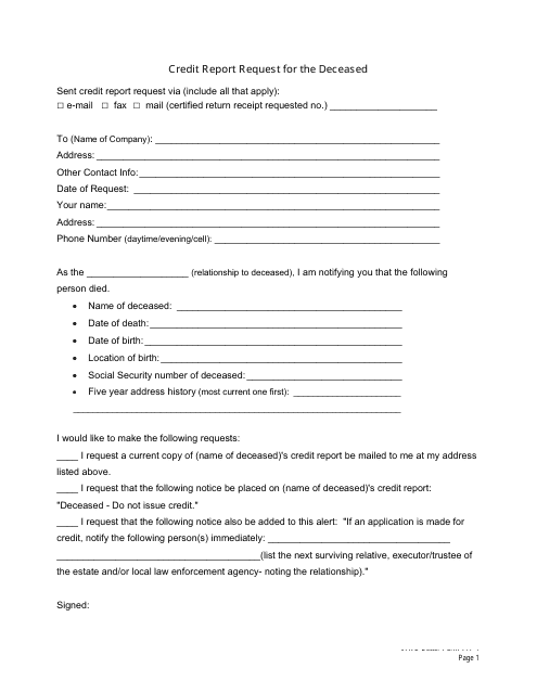 Credit Report Request Template for Deceased