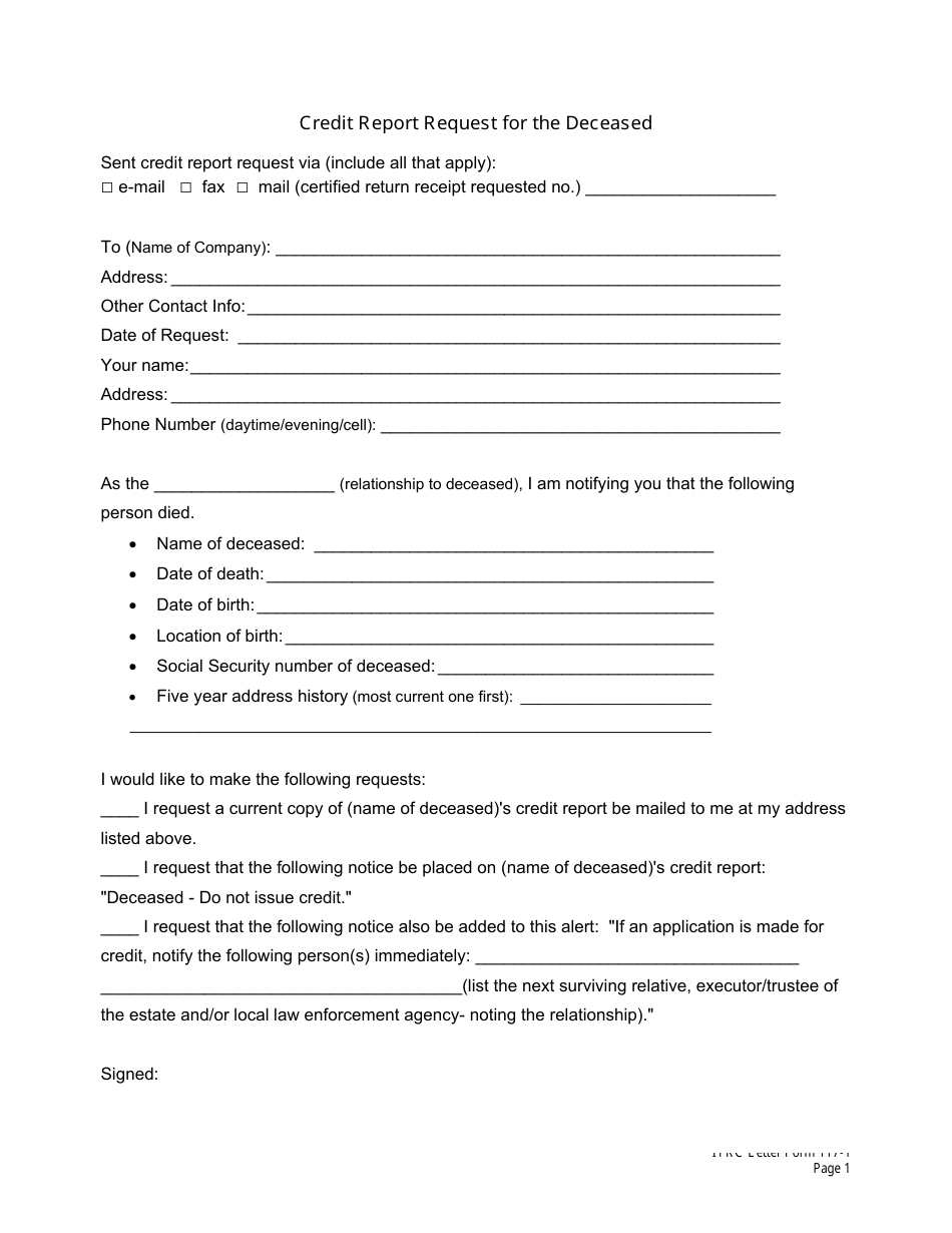 Credit Report Request Template for Deceased, Page 1
