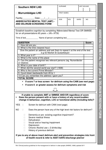 Abbreviated Mental Test (Amt) and Delirium Screening Form - Southern Nsw Lhd