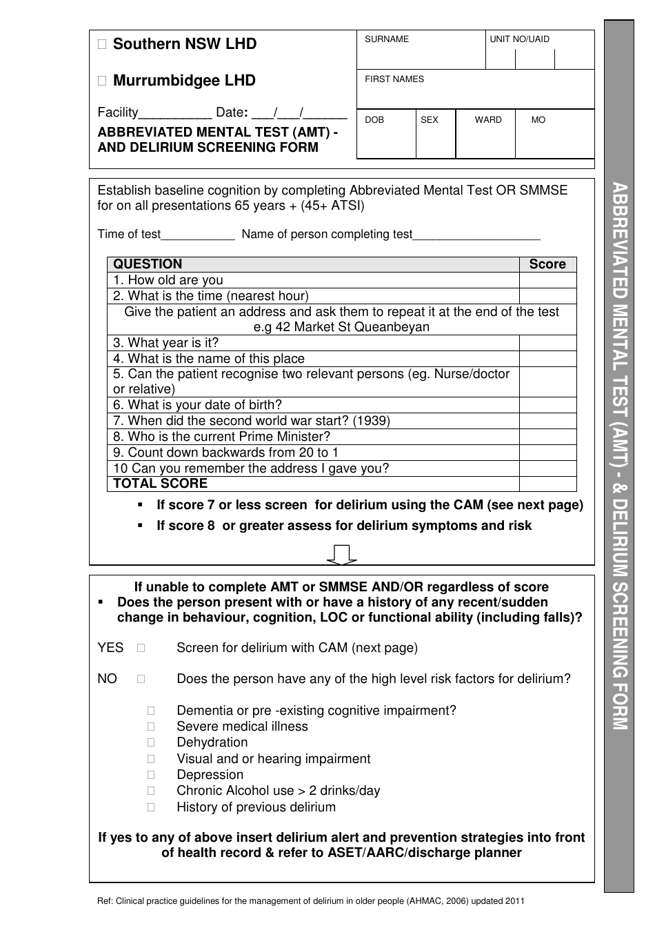 Abbreviated Mental Test (Amt) and Delirium Screening Form - Southern Nsw Lhd, Page 1