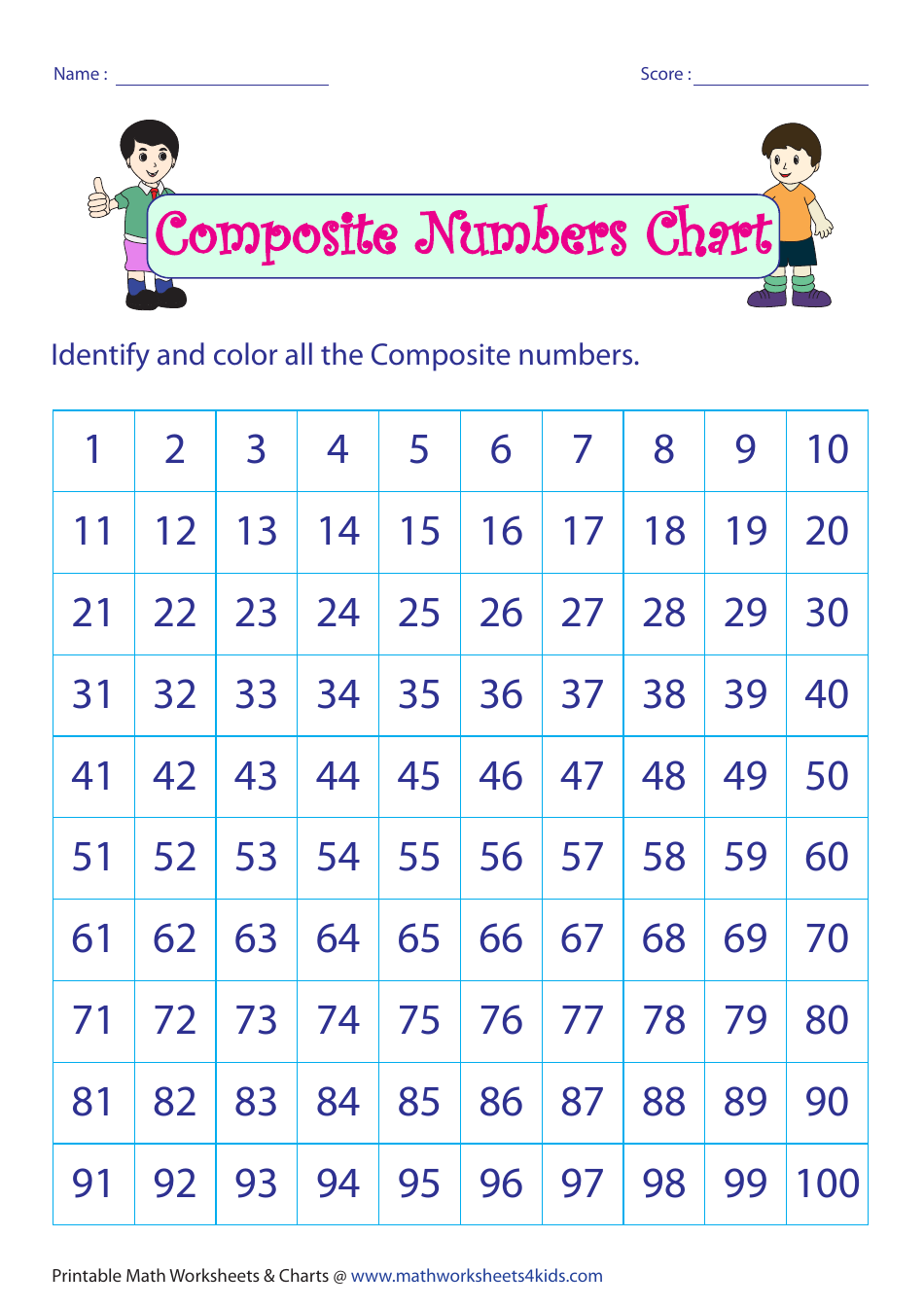 Composite Numbers Chart Worksheet With Answer Key Preview