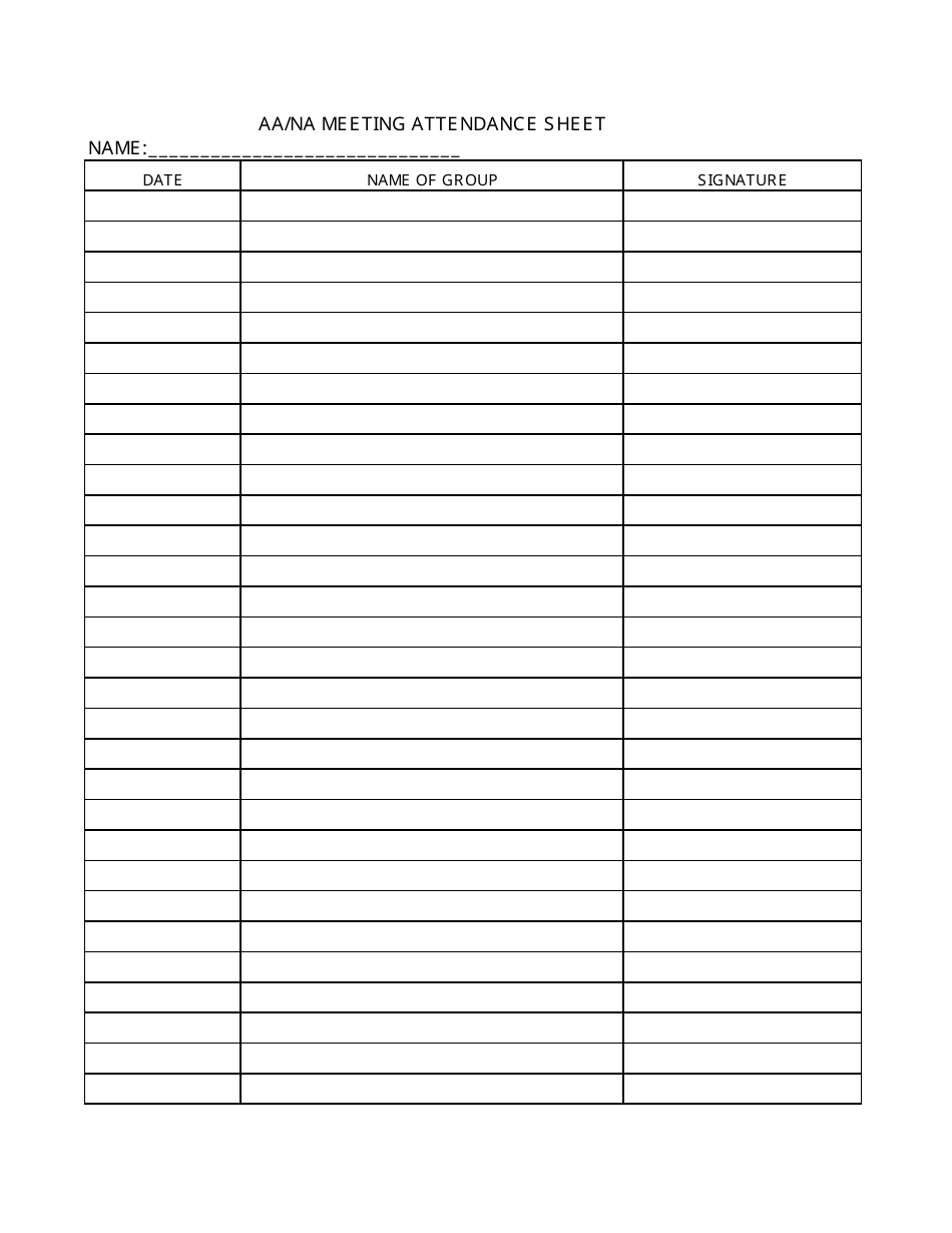 Aa/Na Meeting Attendance Sheet Template, Page 1
