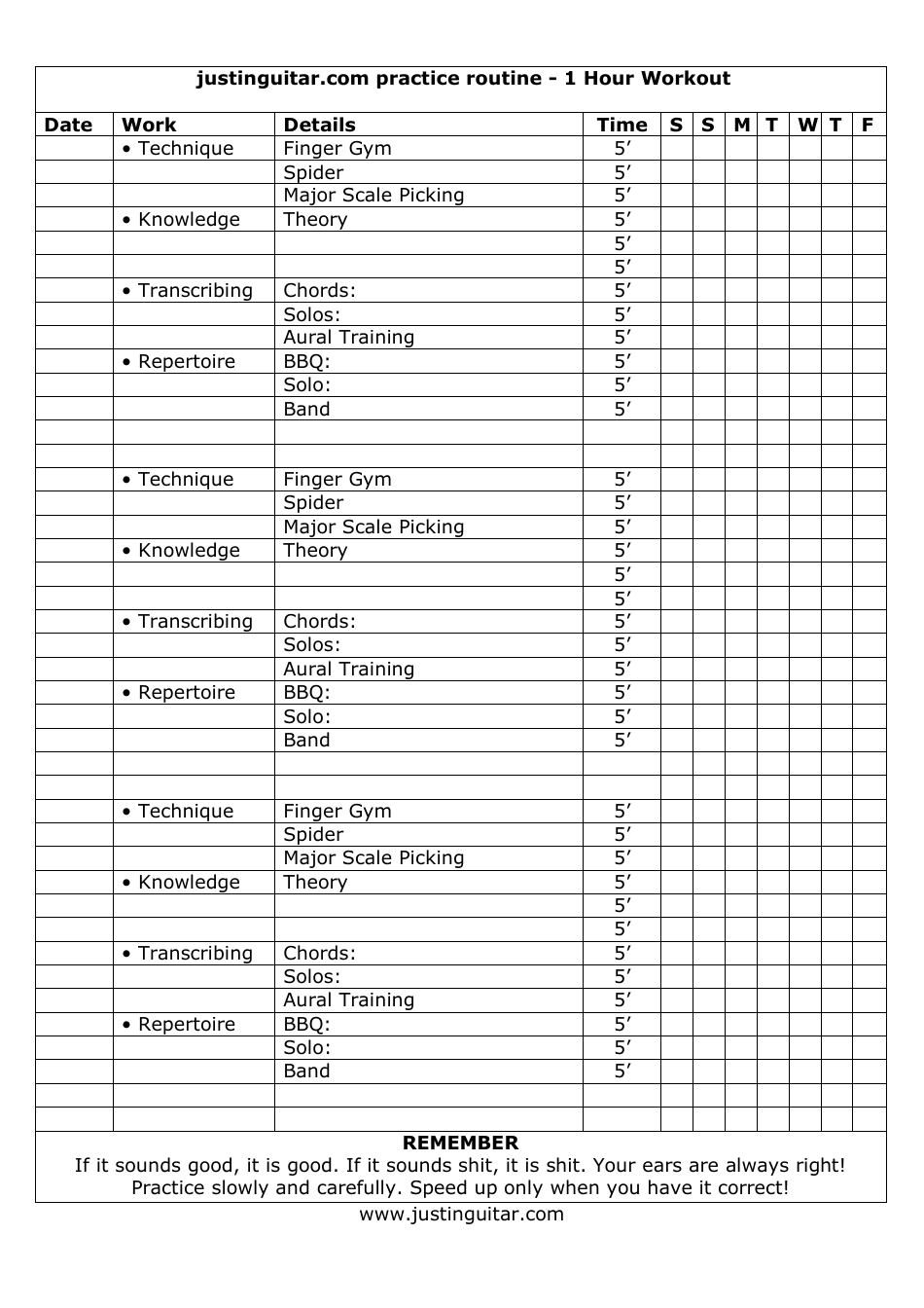 Guitar Practice Schedule Download Printable PDF Templateroller