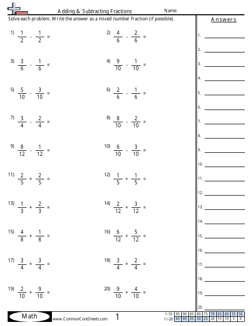 &quot;Adding &amp; Subtracting Fractions Worksheet With Answer Key&quot; Download Pdf