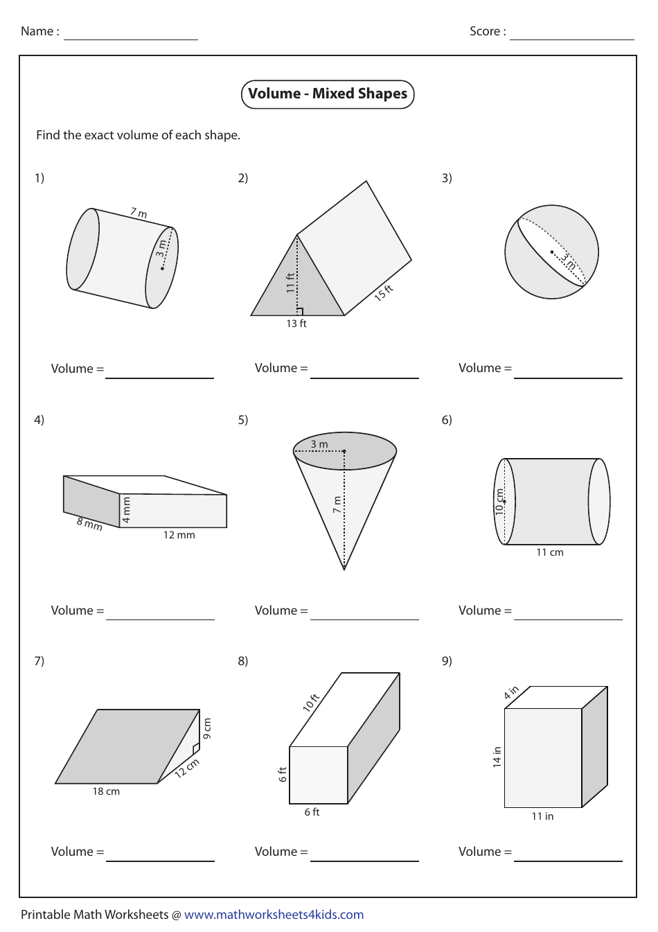 Volume - Mixed Shapes Worksheet With Answers preview image