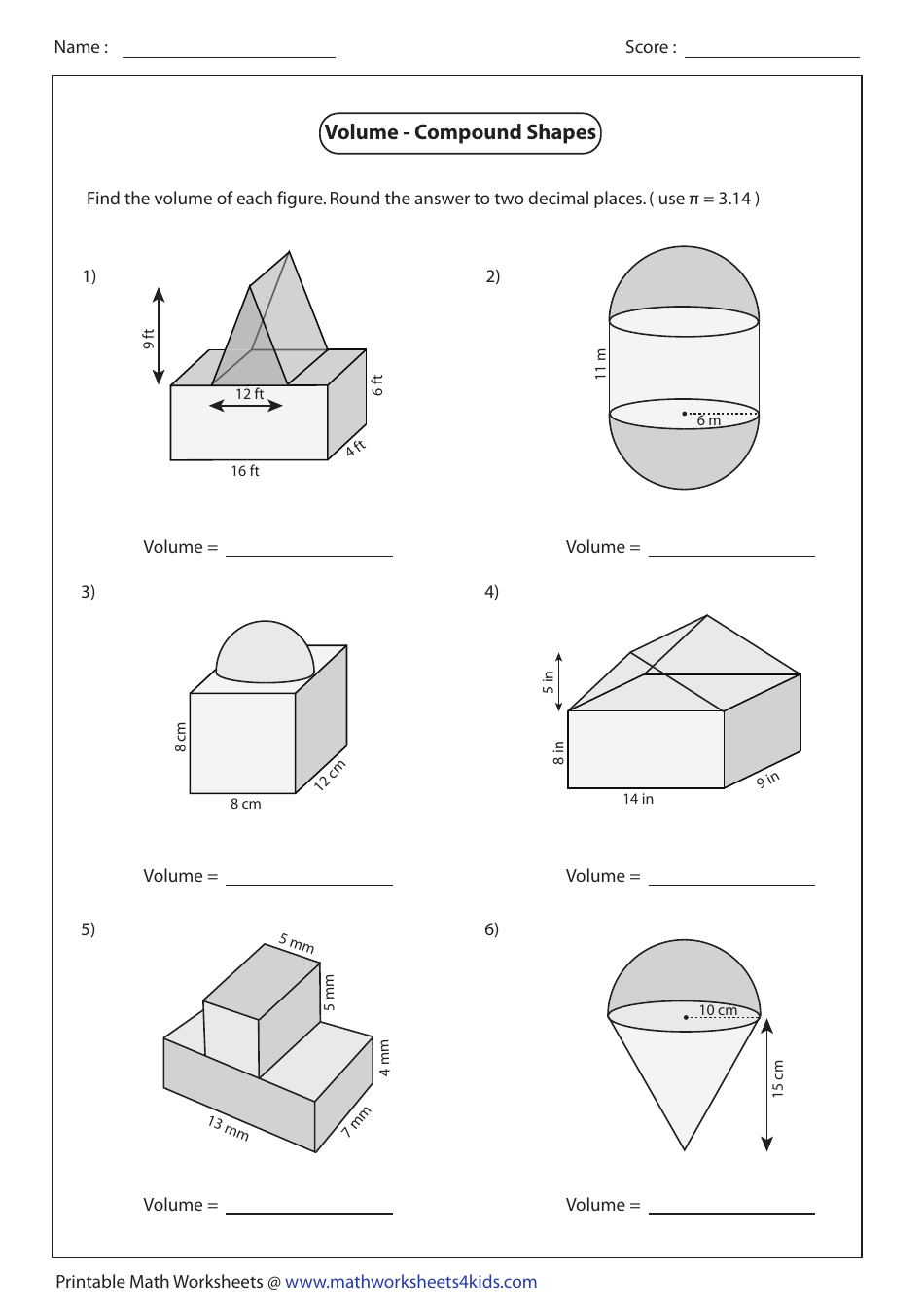 Volume of Compound Shapes Worksheet with Answers - Pyramid image preview