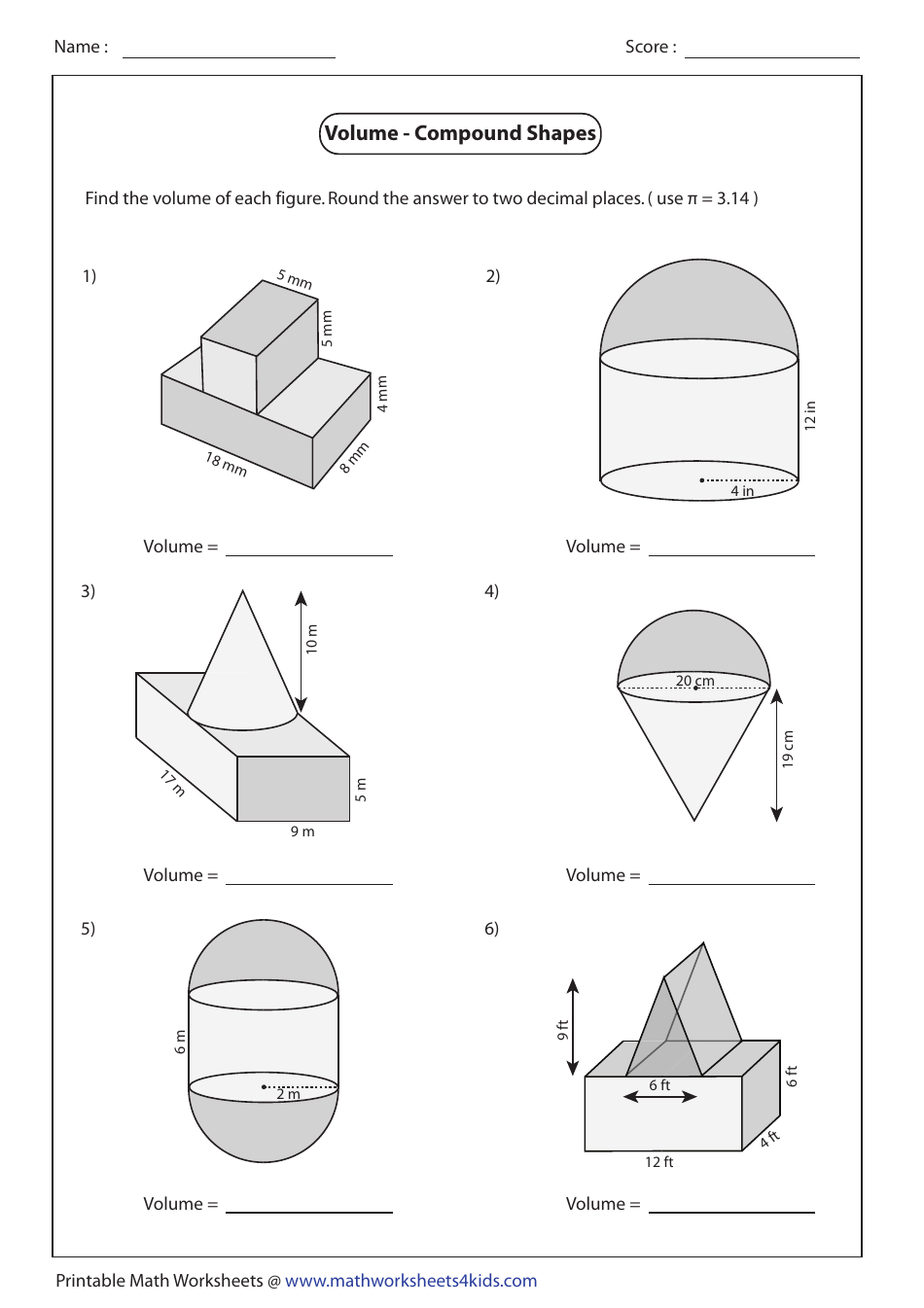 Volume - Compound Shapes Worksheet With Answers