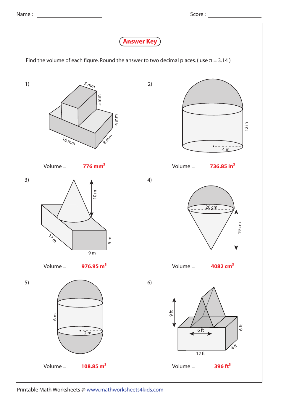 Volume Compound Shapes Worksheet With Answers Parallelepiped