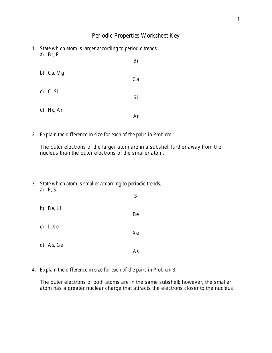 Periodic Properties Worksheet With Answers Key - Online Image Preview
