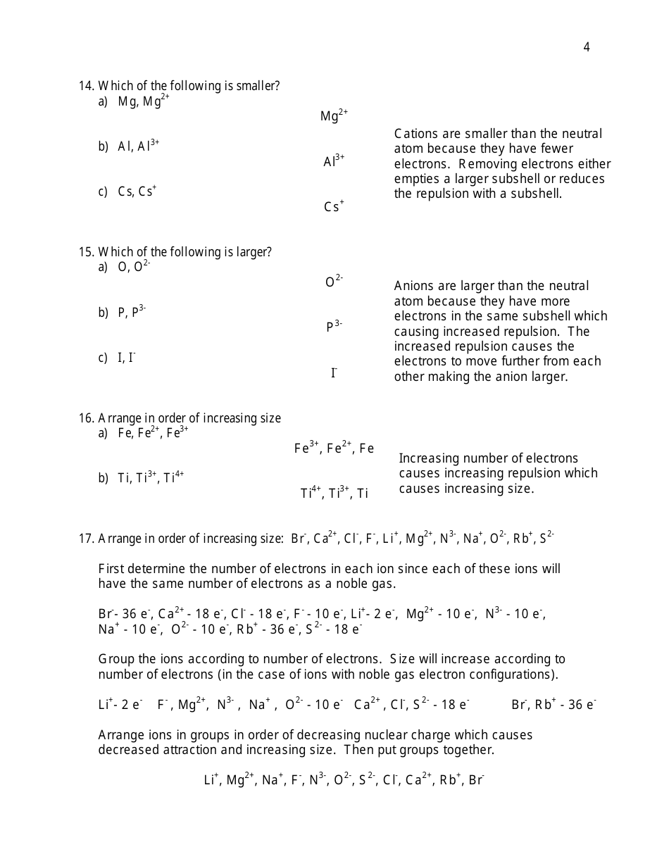 Periodic Properties Worksheet With Answers Key, Page 4