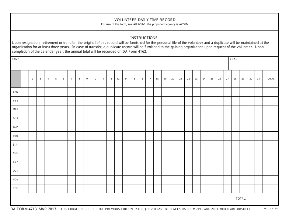 DA Form 4713 Volunteer Daily Time Record, Page 1