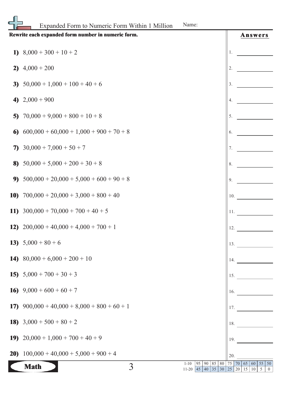 Expanded Form to Numeric Form Within 1 Million Worksheet With Answers - 8,312, Page 1