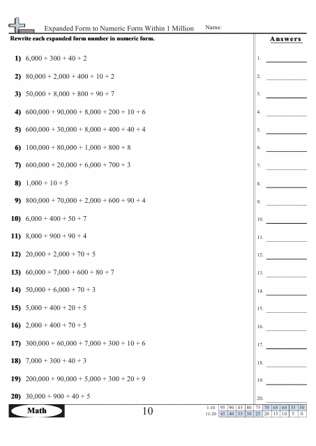 &quot;Expanded Form to Numeric Form Within 1 Million Worksheet With Answers&quot; Download Pdf