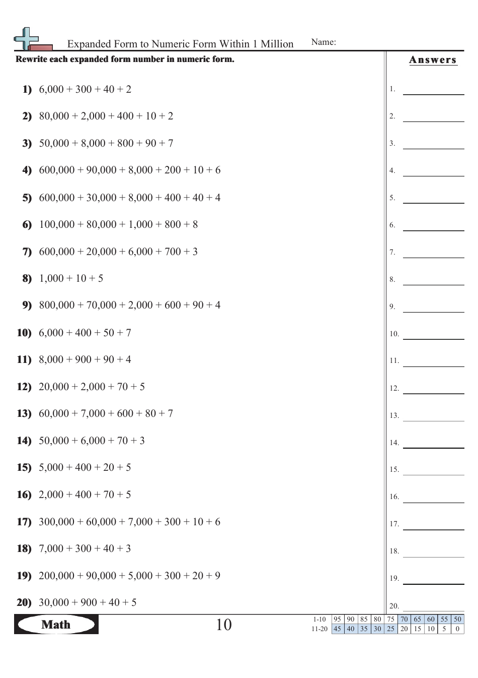 Expanded Form to Numeric Form Within 1 Million Worksheet With Answers - 6,342, Page 1