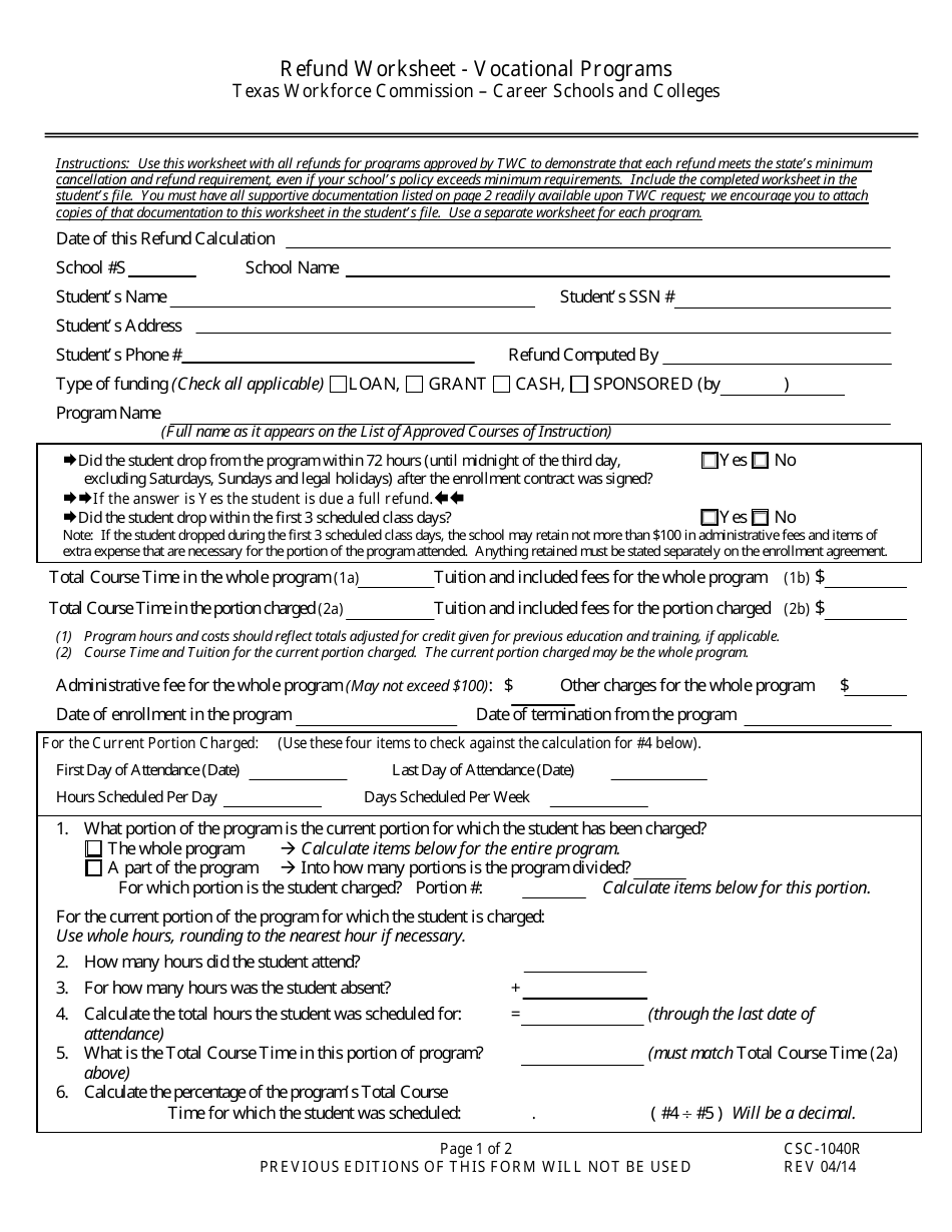 Form CSC-1040R Refund Worksheet - Vocational Programs - Texas, Page 1