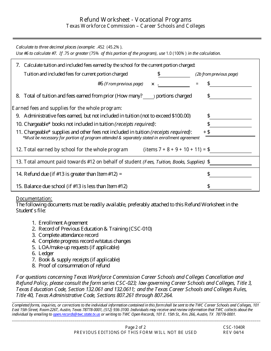 Form CSC-1040R Refund Worksheet - Vocational Programs - Texas, Page 2