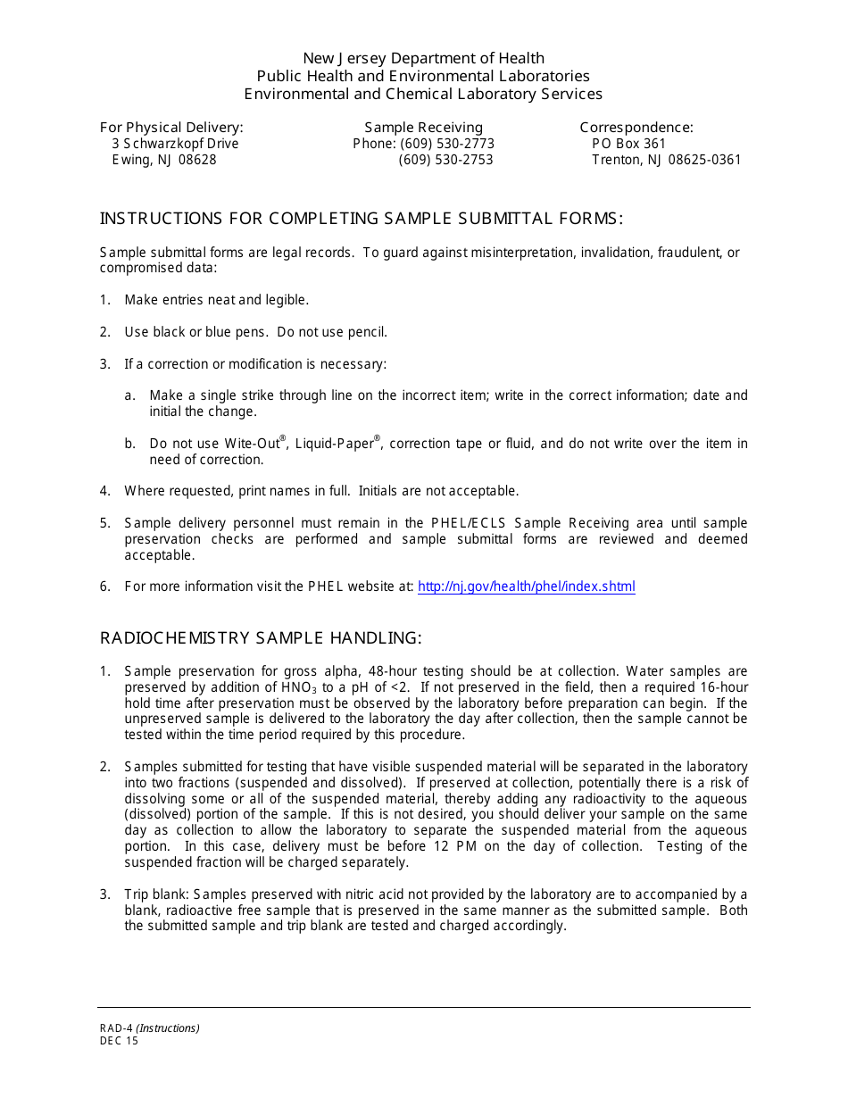 Instructions for Form RAD-4 Radioanalytical Services Sample Submittal - New Jersey, Page 1