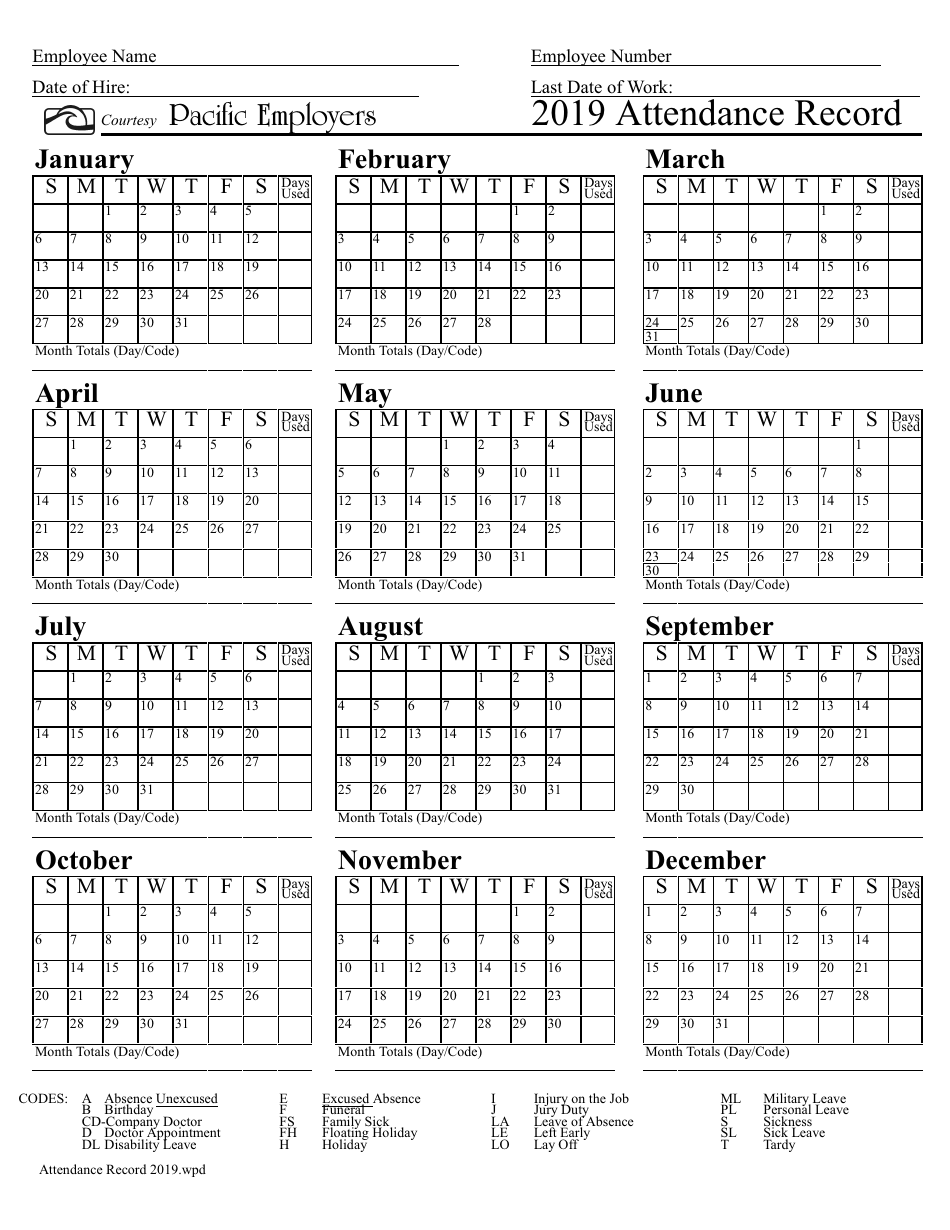 2019 Attendance Record Calendar Template Pacific Employers Download Printable Pdf Templateroller