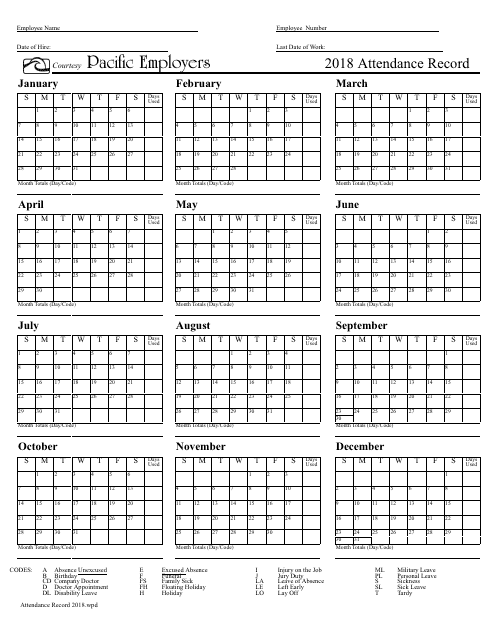 Attendance Record Calendar Template - Courtesy Pacific Employers, 2018