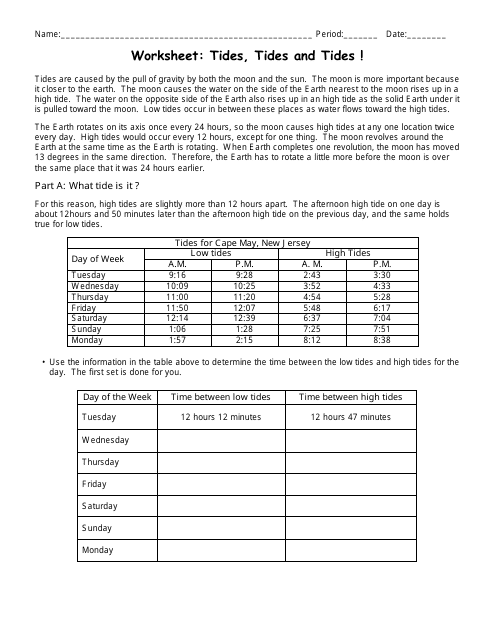 Worksheet: Tides, Tides and Tides - Mrs. Holland, Pleasant Valley High School