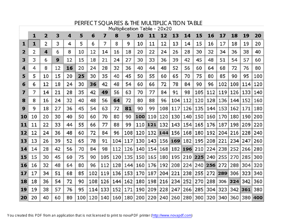 20x20 Multiplication Chart - Free Printable Template