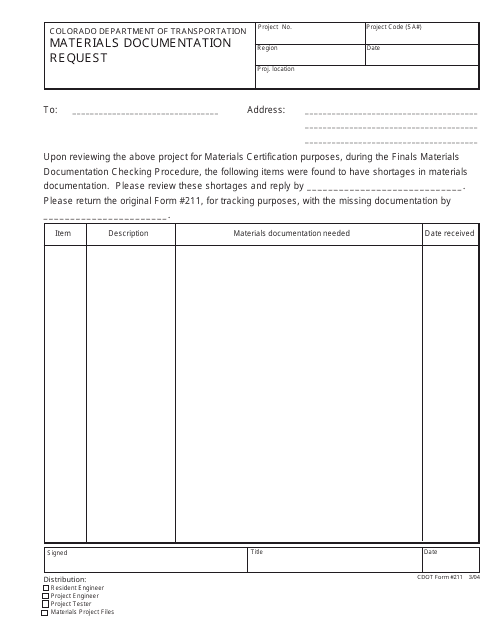 CDOT Form 211  Printable Pdf