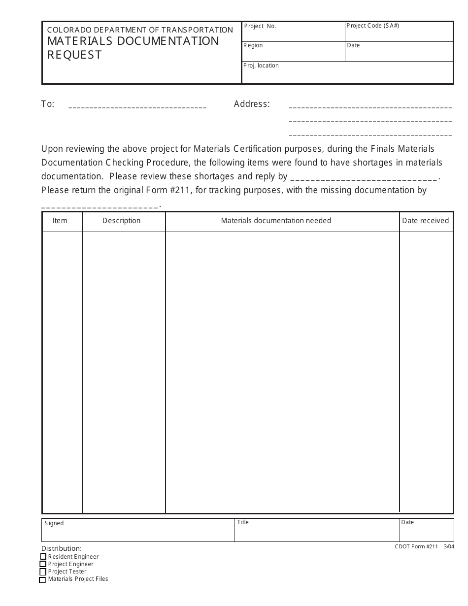 CDOT Form 211 Materials Documentation Request - Colorado, Page 1