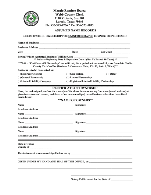 Assumed Name Records - Certificate of Ownership for Unincorporated Business or Profession - Webb County, Texas Download Pdf