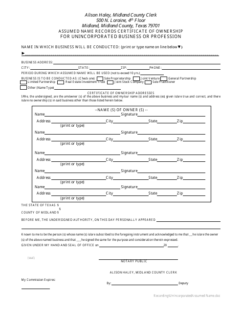 Assumed Name Records Certificate of Ownership for Unincorporated Business or Profession - Midland County, Texas Download Pdf