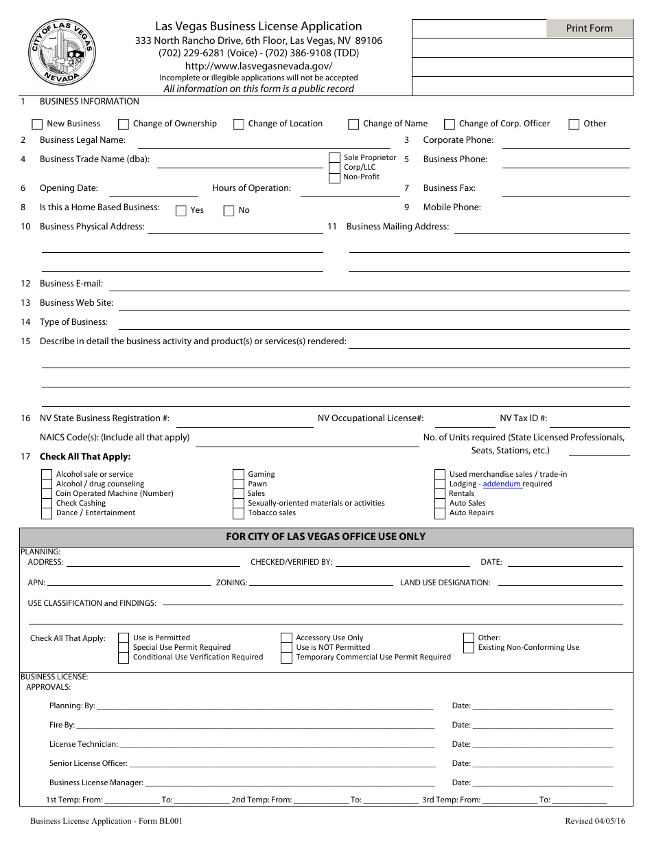 Form BL001 Business License Application - City of Las Vegas, Nevada, Page 1