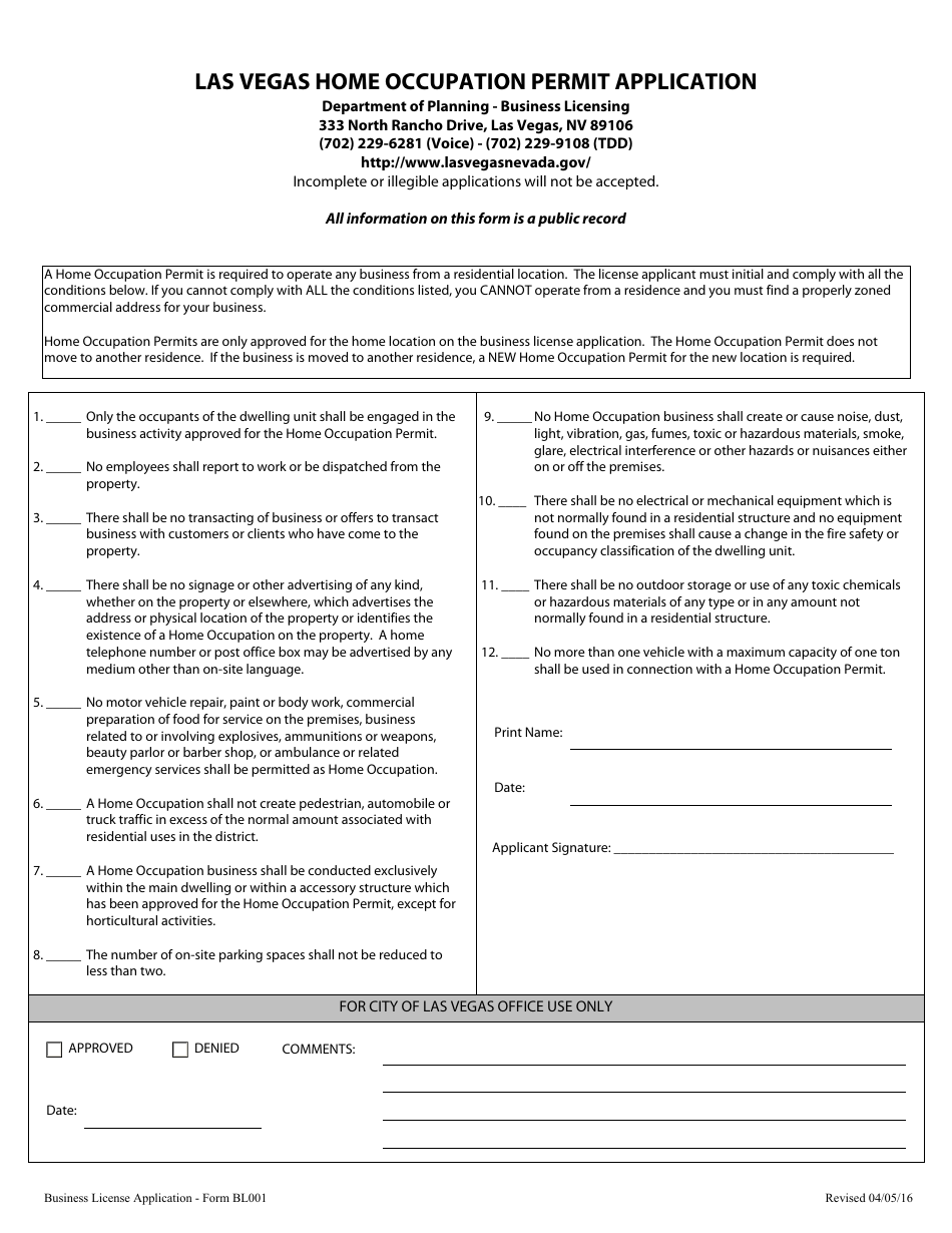 Form BL001 Business License Application - City of Las Vegas, Nevada, Page 3