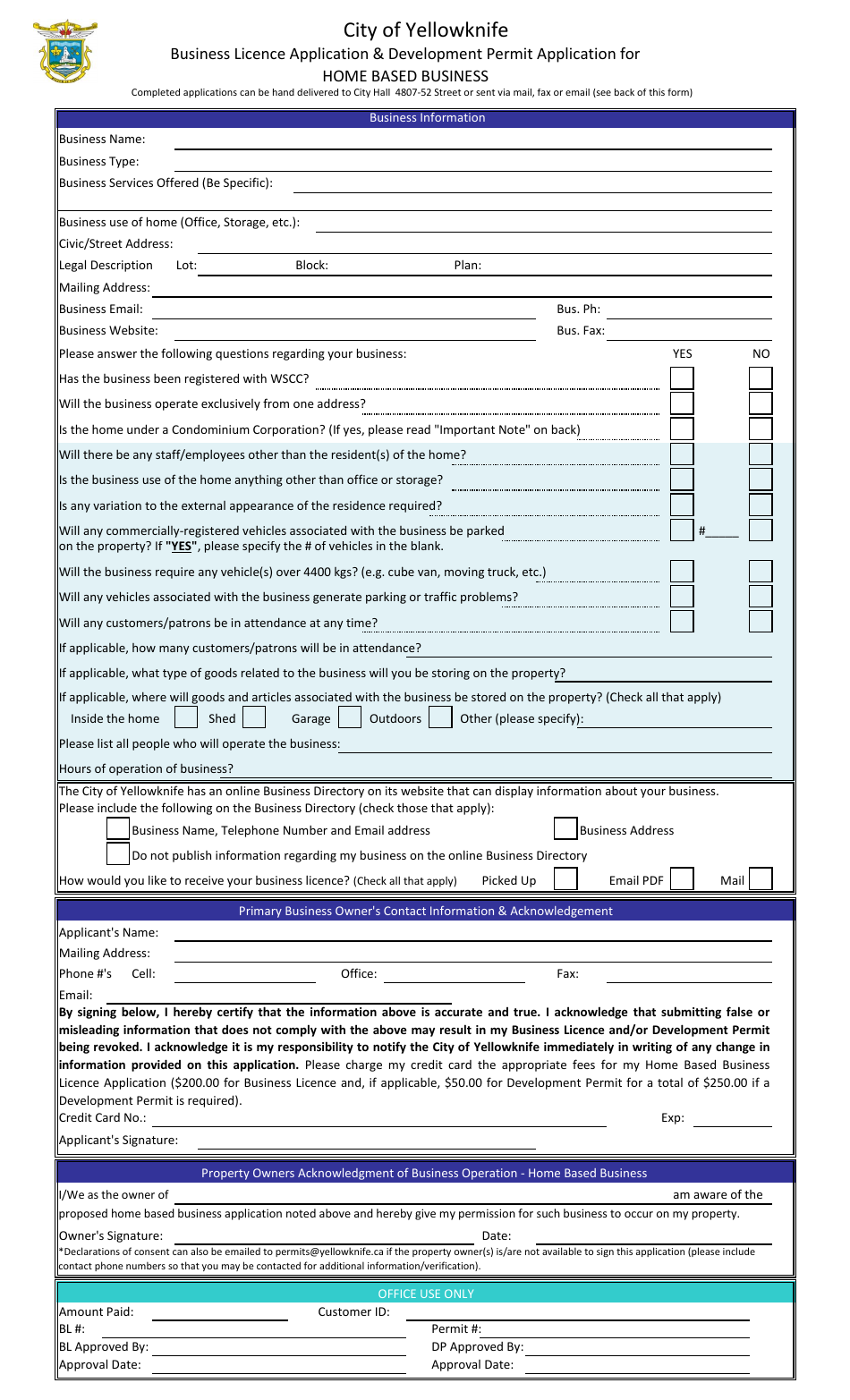 Form DM299787 Business Licence Application  Development Permit Application for Home Based Business - City of Yellowknife, Northwest Territories, Canada, Page 1