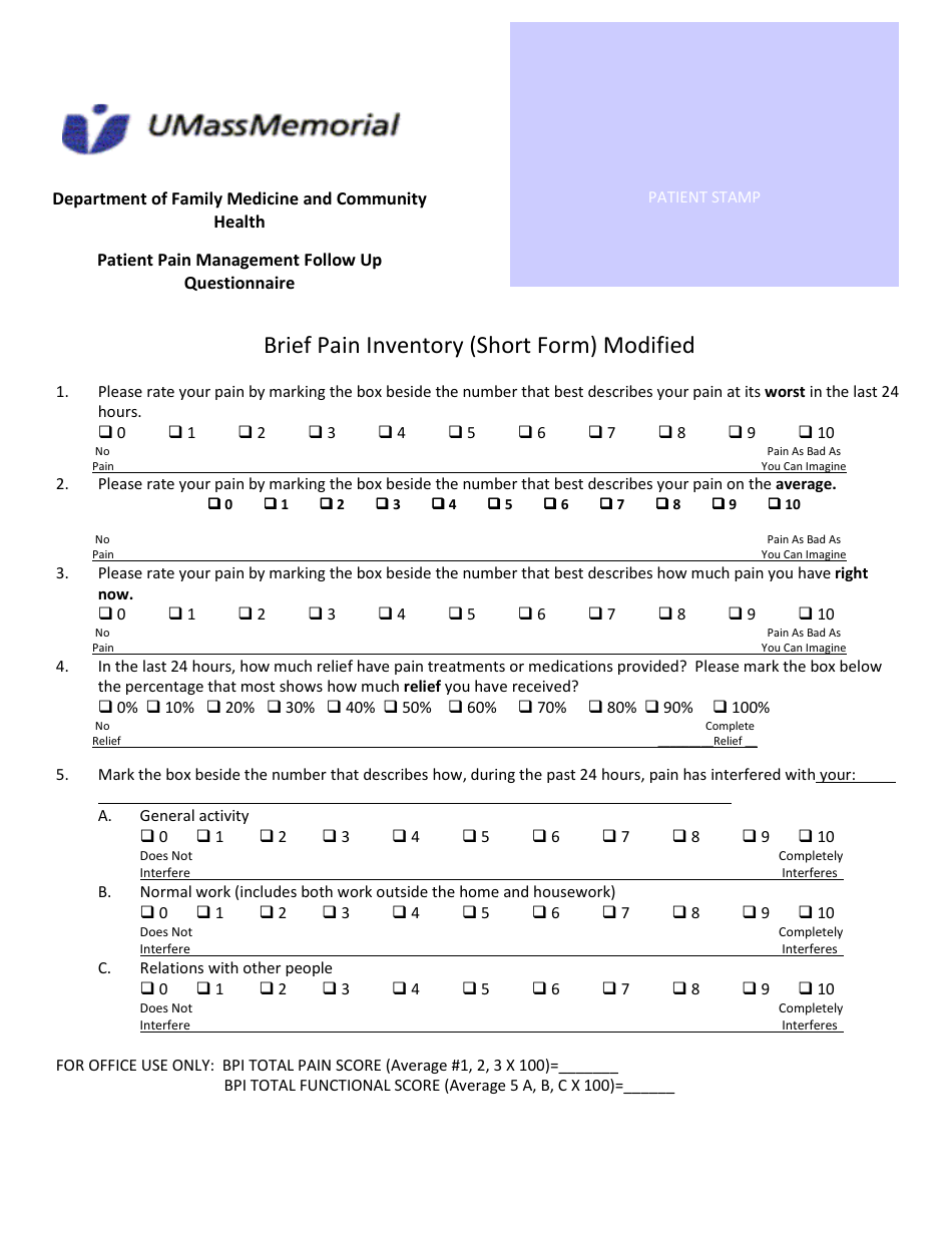 Brief Pain Inventory Short Form Umassmemorial Fill Out Sign Online 