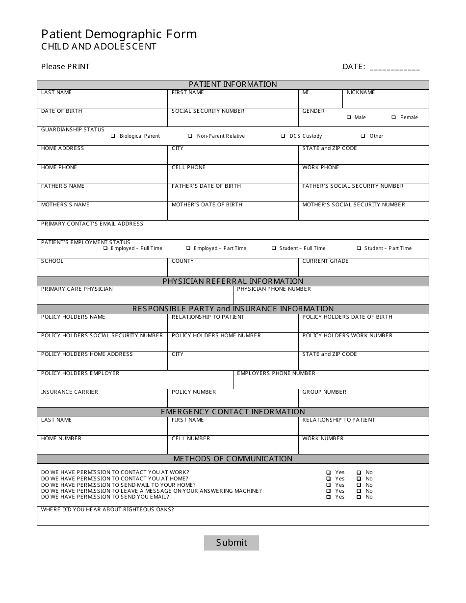 Child and Adolescent Patient Demographic Form - Righteous Oaks, Page 1