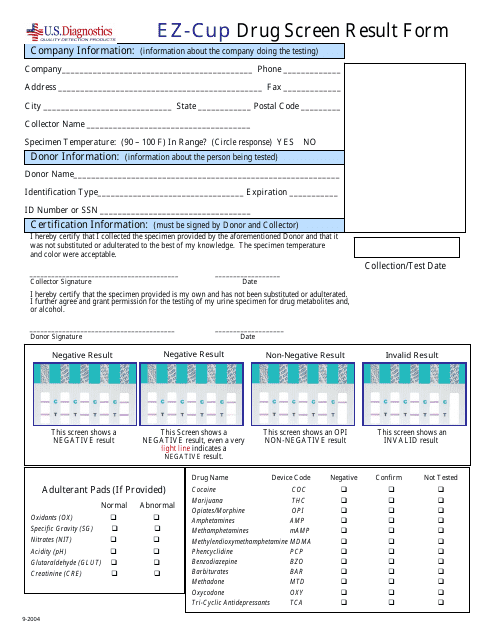 &quot;Ez-Cup Drug Screen Result Form - U.S. Diagnostics&quot; Download Pdf