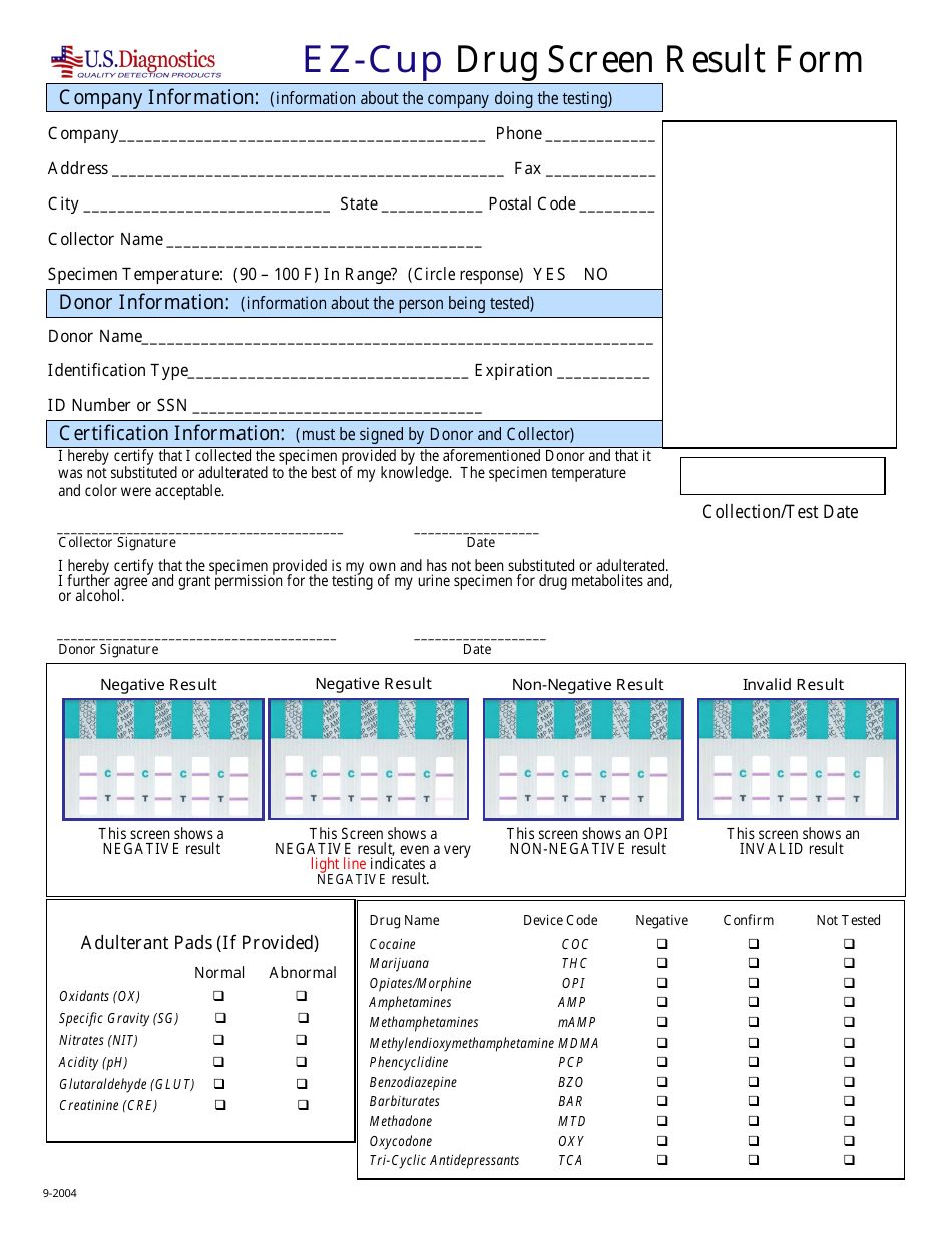 Ez-Cup Drug Screen Result Form - U.S. Diagnostics, Page 1