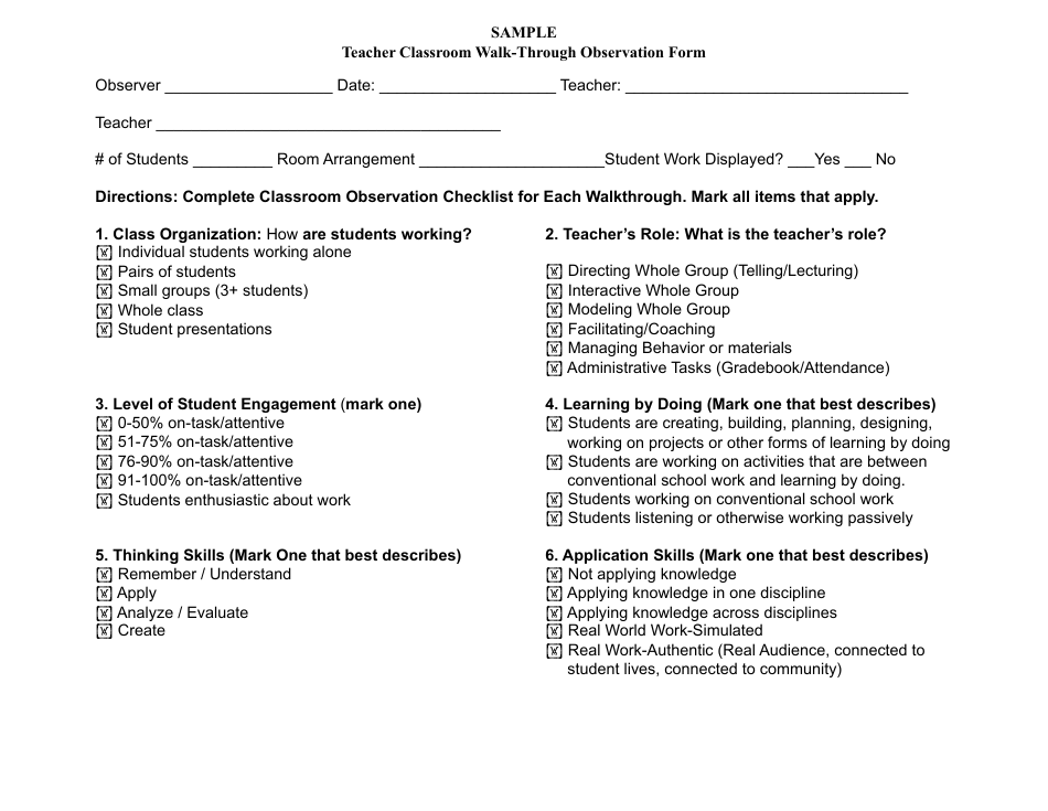 Teacher Classroom Walk-Through Observation Form - Sample, Page 1