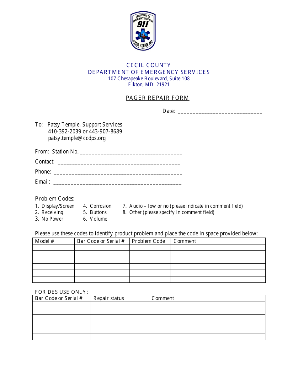 Pager Repair Form - Cecil County, Maryland, Page 1