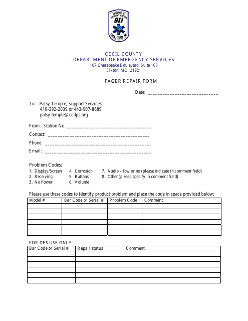 Pager Repair Form - Cecil County, Maryland Download Pdf