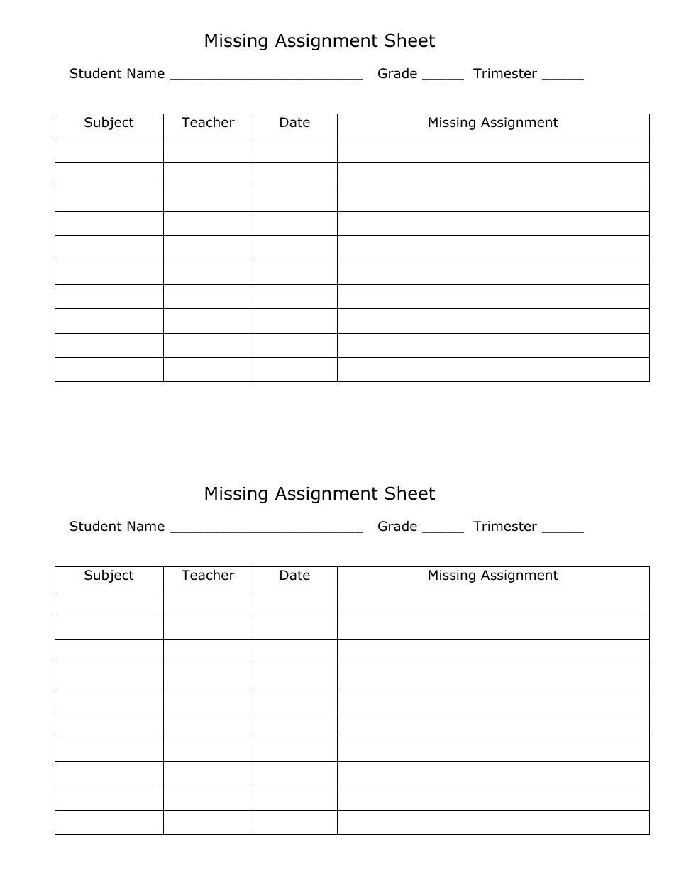 Minimalist Missing Assignment Sheet template